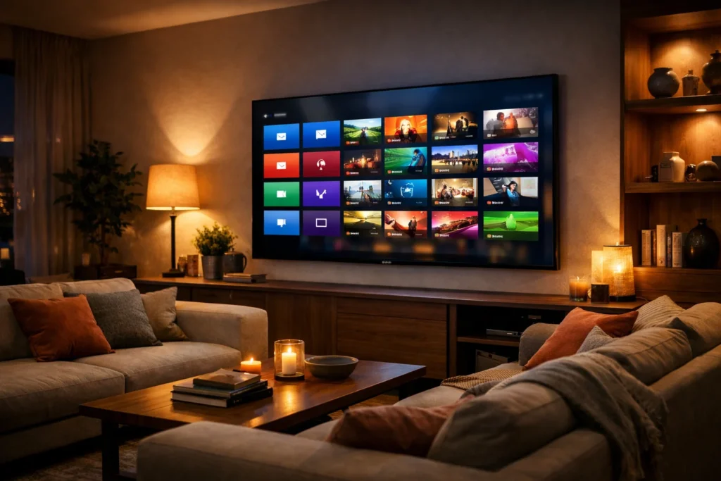 sala de estar portuguesa moderna com smart TV 4K a reproduzir IPTV em 2026