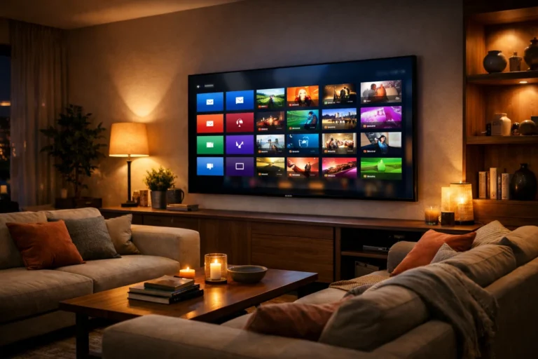 sala de estar portuguesa moderna com smart TV 4K a reproduzir IPTV em 2026