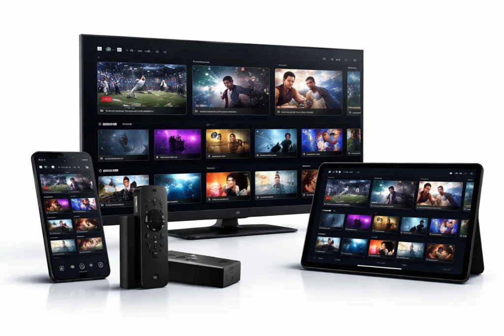 dispositivos compatíveis com IPTV incluindo Smart TV smartphone tablet e Fire Stick com interface de aplicação IPTV